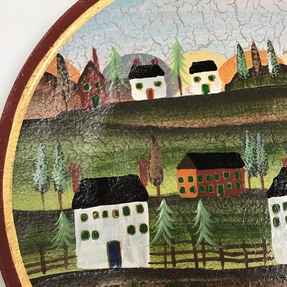 Rustic Primitive Farmhouse Scene Painted Wood Plate NWOT - Picture 6 of 8